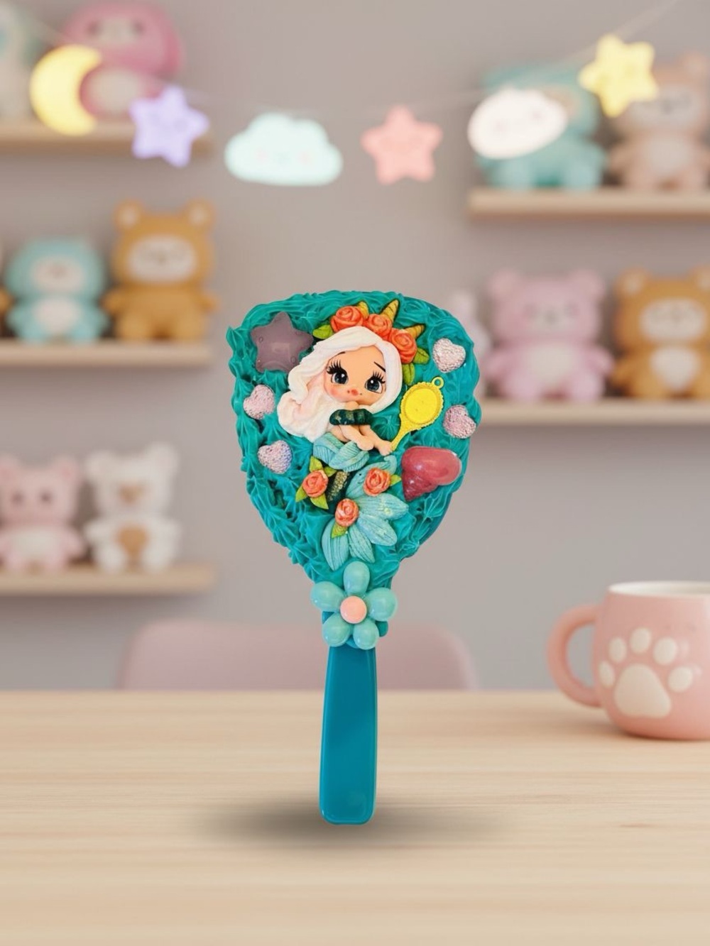 Hand Crafted Teal Floral Doll Makeup Brush